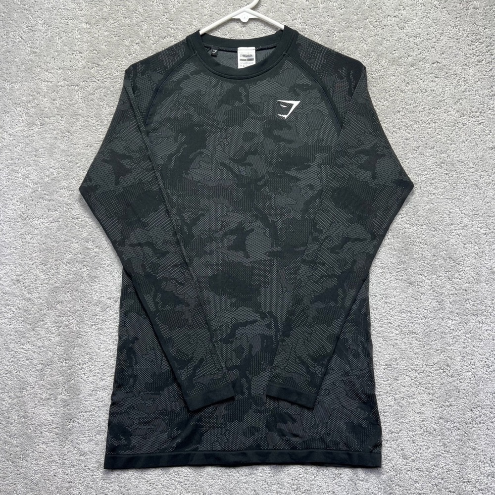 Gymshark Long Sleeve T-Shirt Mens Small Black Grey Camo Geo Seamless Activewear